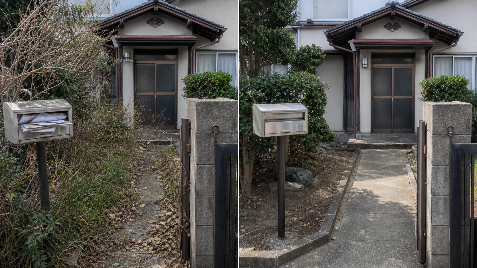 空き家玄関まわりの管理前後イメージ