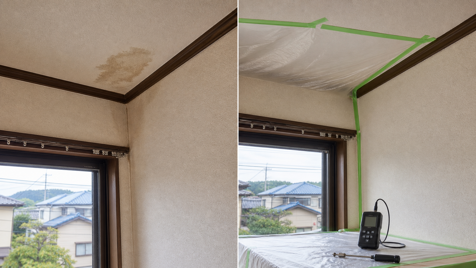 雨漏りの室内確認と応急対応前後イメージ