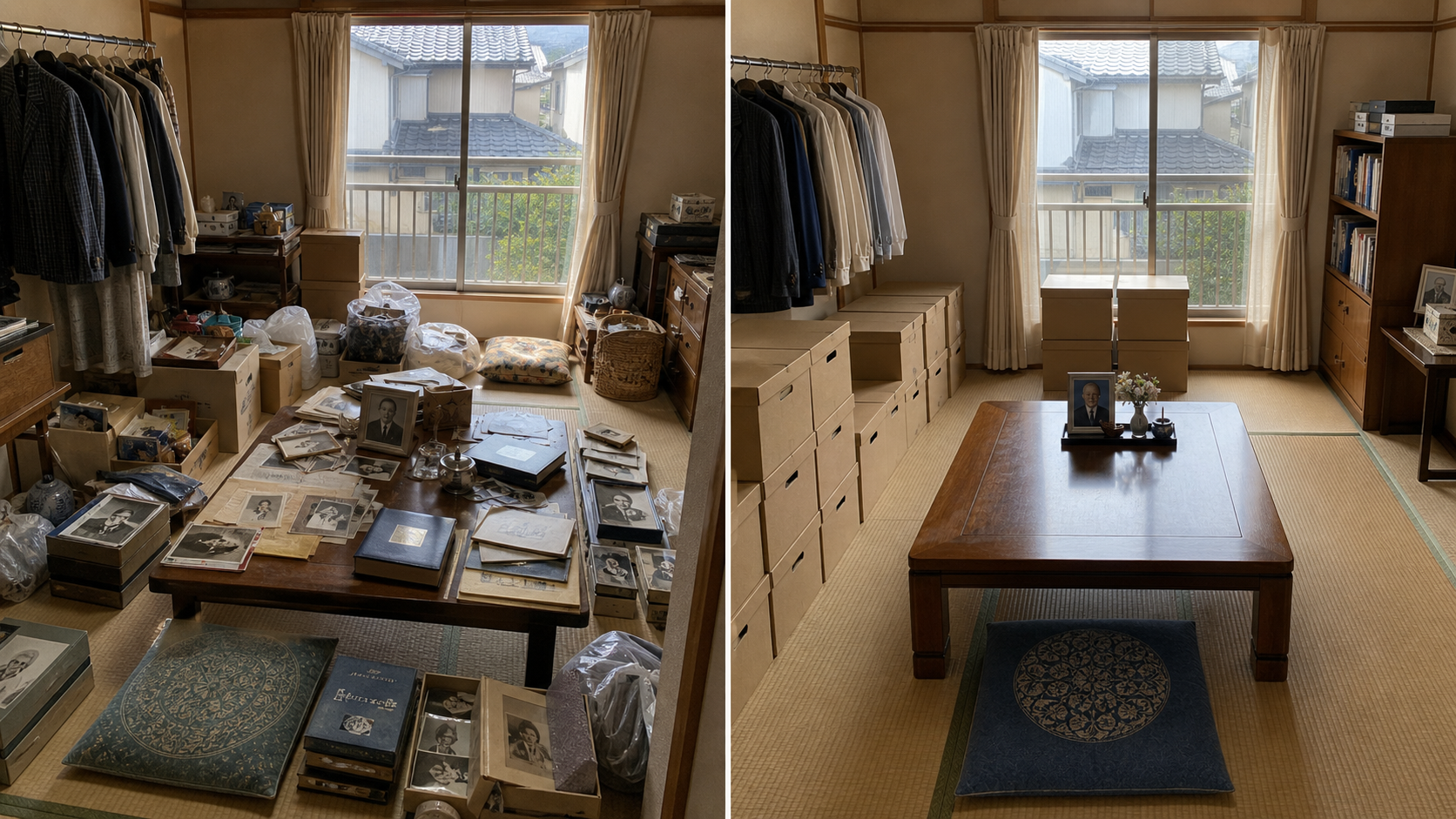 遺品整理と室内仕分け前後イメージ