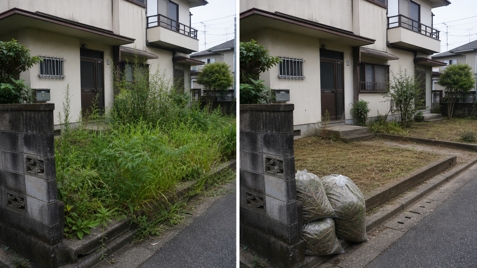 空き家の庭の草刈り前後イメージ