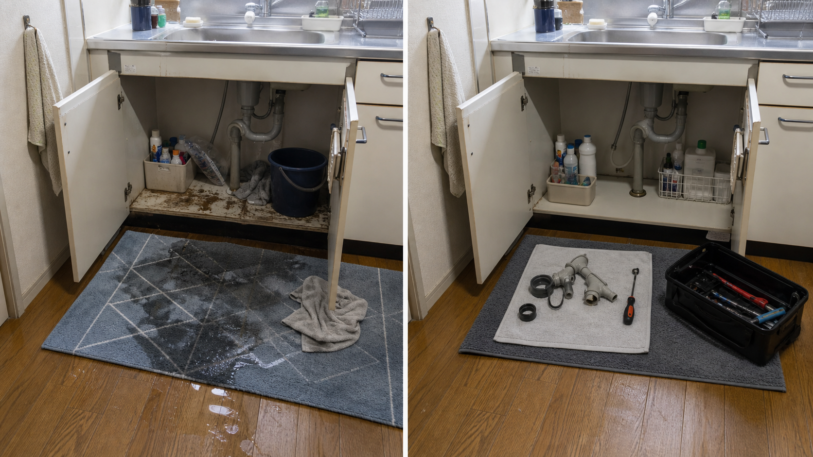 水漏れと排水詰まり確認前後イメージ