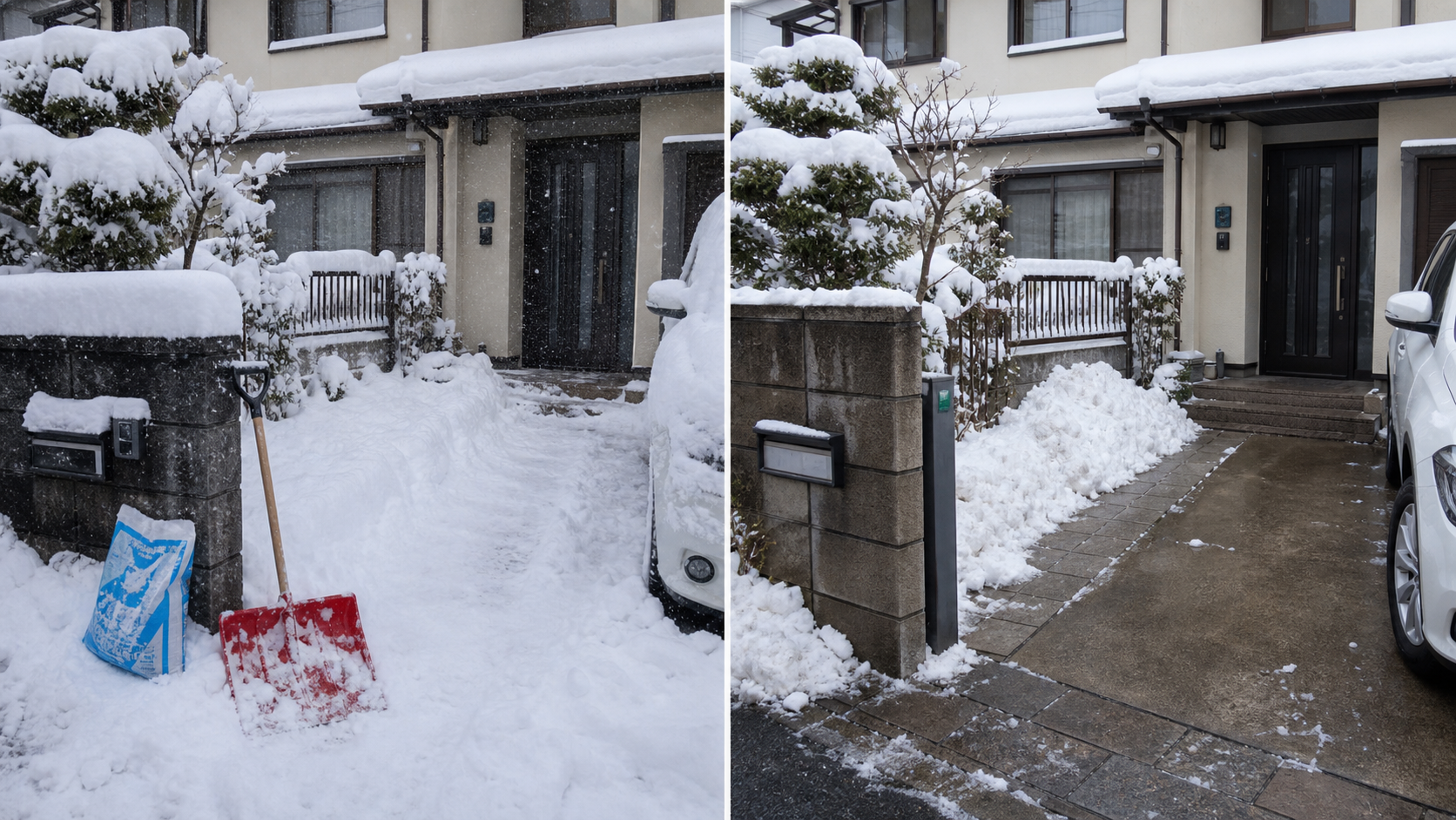 玄関と駐車場の雪かき前後イメージ